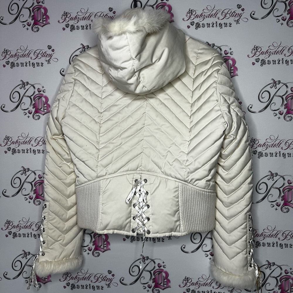 Bebe corset coat jacket snow bunny fur rabbit White Quilted Jacket Fur Trim hood